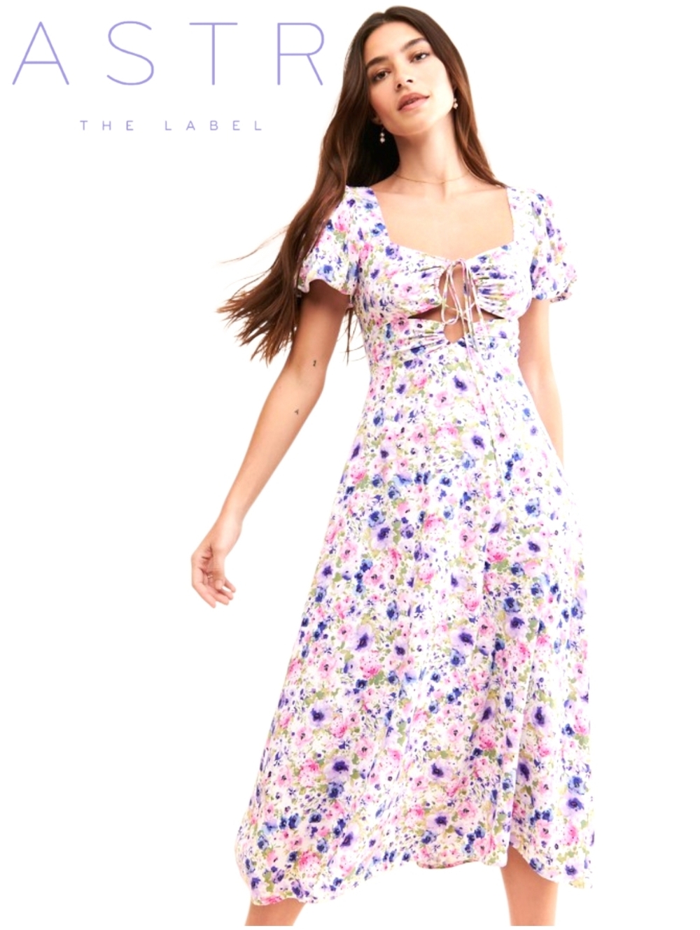 Astr Pastel Floral Lace-Up Midi Dress in White, Pink & Purple